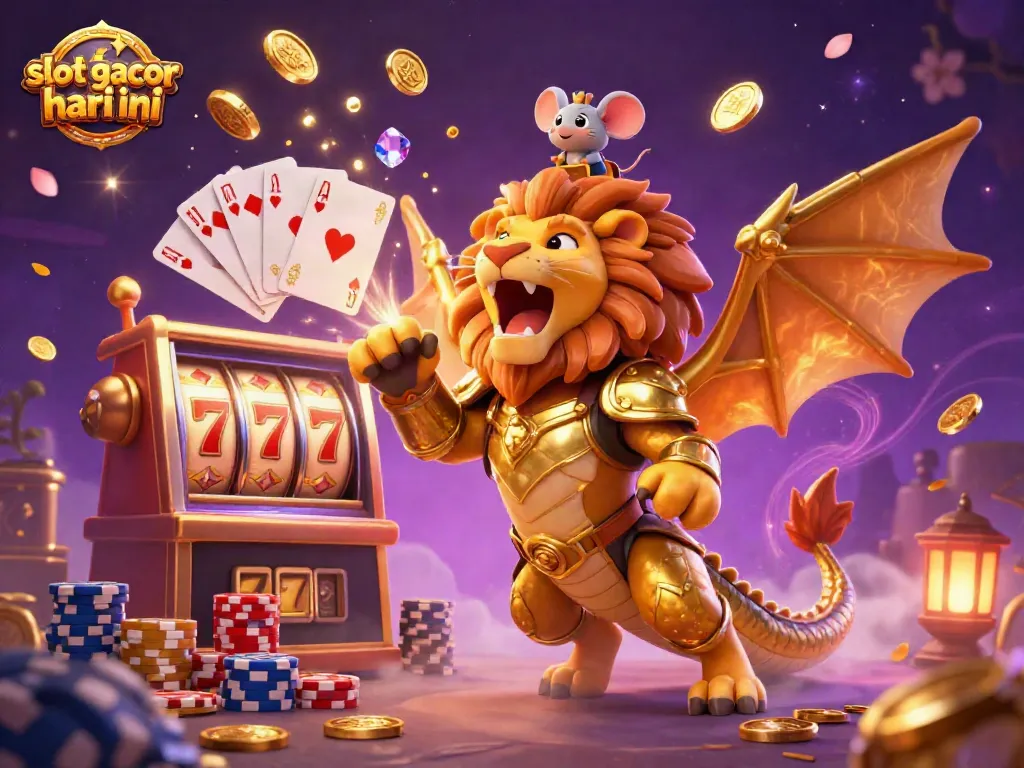 Win big with slot gacor hari ini featuring a triumphant chimera, coins, and cards flying in a dynamic casino scene.
