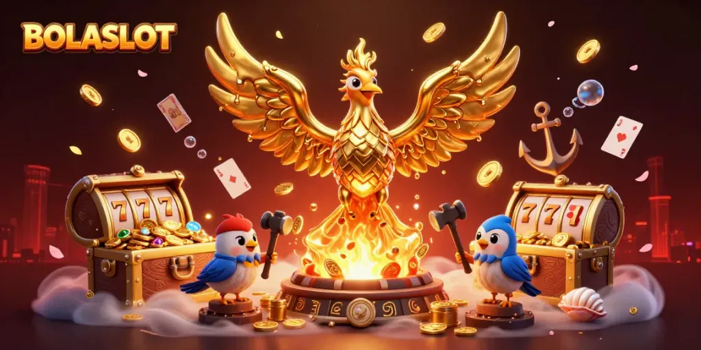 BOLASLOT offers an exciting illustration of a golden phoenix amidst a vibrant slot game theme, featuring 3D elements.
