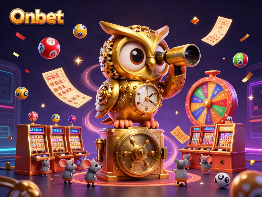 Engage in exciting gaming with Onbet's 3D casino illustration showcasing dynamic characters and games.