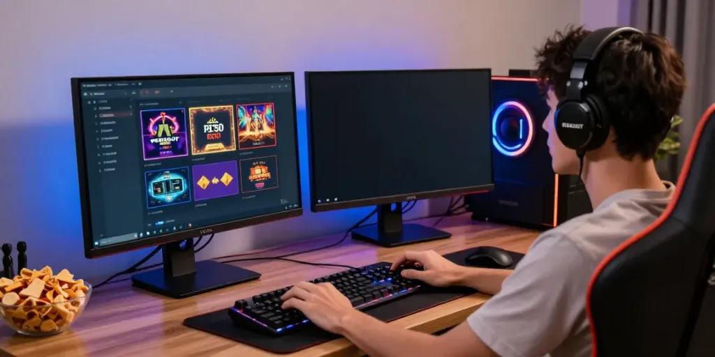 Engaged user exploring PESGSLOT's diverse online gaming options with vibrant visuals.