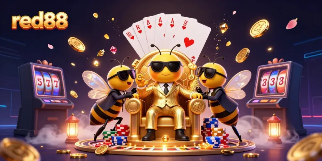 Experience thrilling gameplay at red88 with a dynamic scene of casino elements and characters.