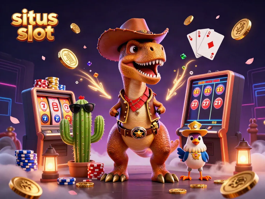 Engage in the spectacle of situs slot with a vibrant scene featuring a T-Rex cowboy, cactus sidekick, and roadrunner amidst casino elements.