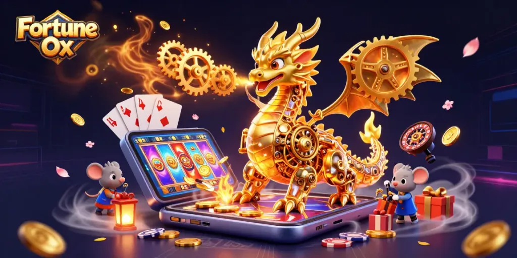 Experience the thrill of Fortune Ox slots in this vibrant 3D illustration, showcasing dynamic casino elements.