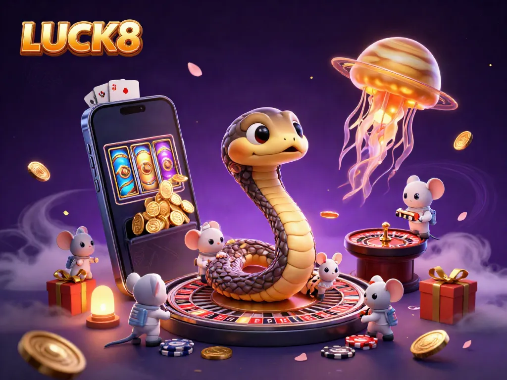 Engage with LUCK8 interactive casino fun as the Saturn ring snake and astronaut mice spin the roulette wheel.