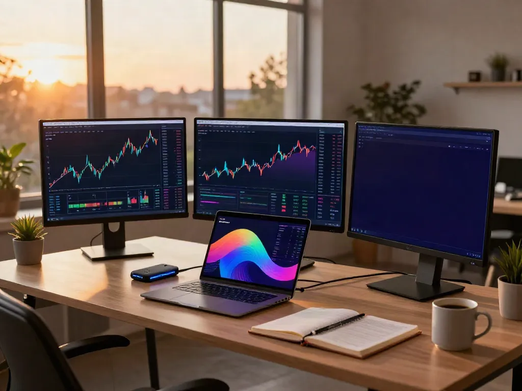Free stock market API trading setup featuring cryptocurrency charts, real-time data, and secure digital wallets.
