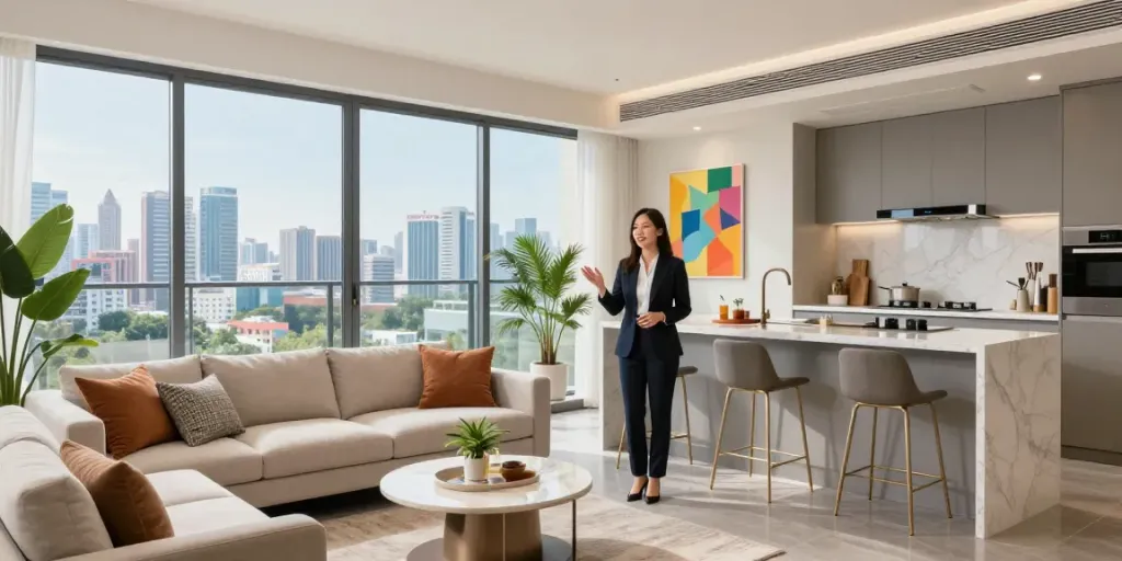 Explore the elegant living space of a new launch condo featuring modern design and stunning skyline views.