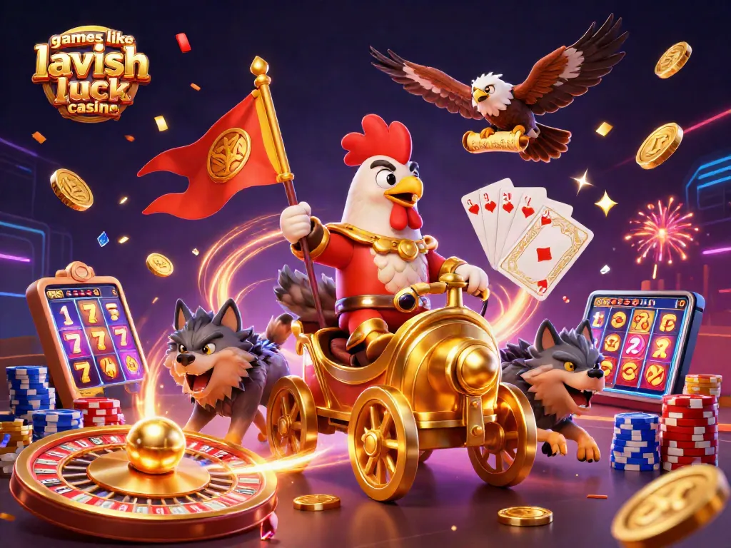 Win exciting prizes with games like lavish luck casino in this vibrant casino-themed illustration.