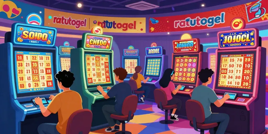 Suasana menarik permainan lotere 'ratutogel' dengan pemain yang terlibat, perangkat digital, dan suasana meriah.