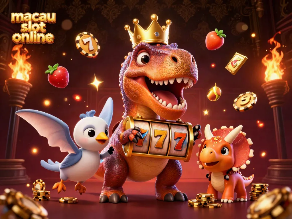 Menangkan jackpot di macau slot online dengan T-Rex bermahkota emas, simbol slot terbaik, dan keripik emas yang penuh suasana kasino.