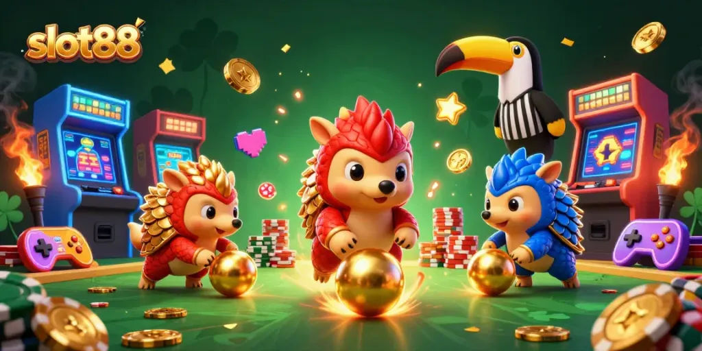 Experience excitement with slot88: vibrant pangolins bowling through poker chips in a lively casino scene.