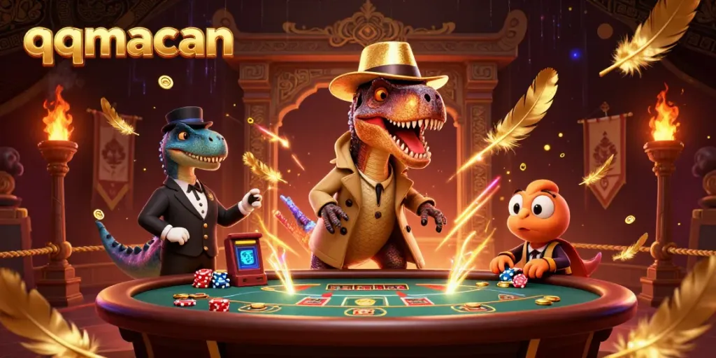 Experience thrilling gameplay with qqmacan's unique characters at an extravagant casino layout.