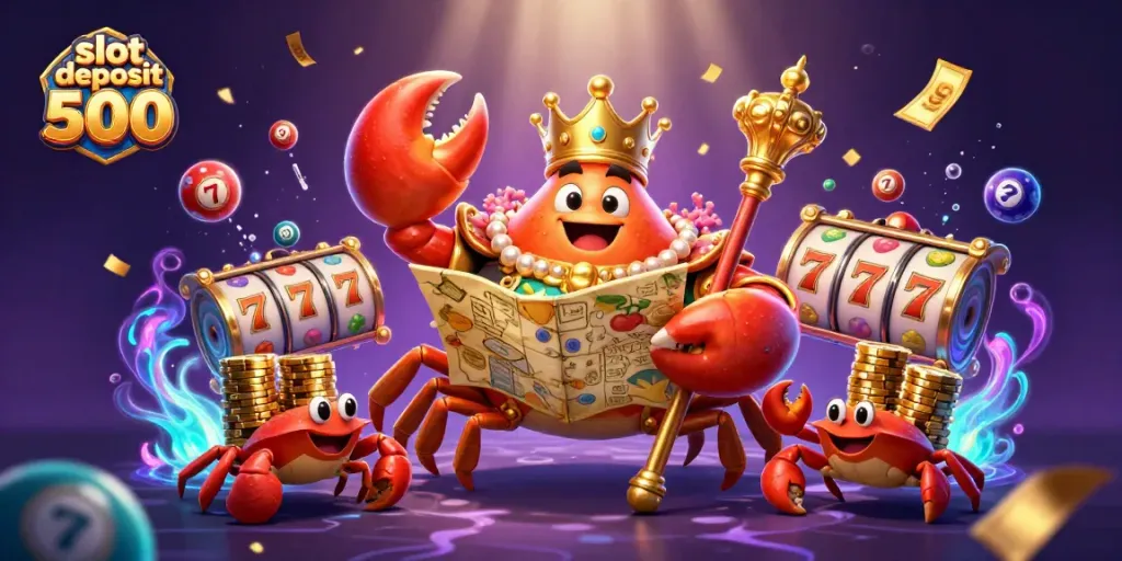 Engage with exciting slot deposit 500 action, featuring a vibrant golden crab emperor amidst colorful gaming elements.