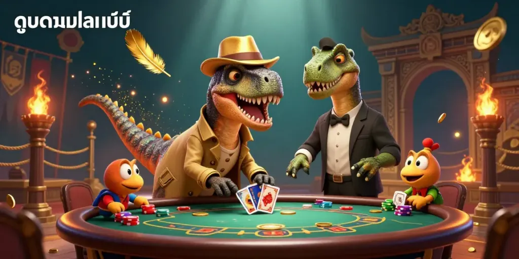 Experience ดูบอลออนไลน์ in a vibrant 3D casino scene with cartoon characters engaging in gambling.