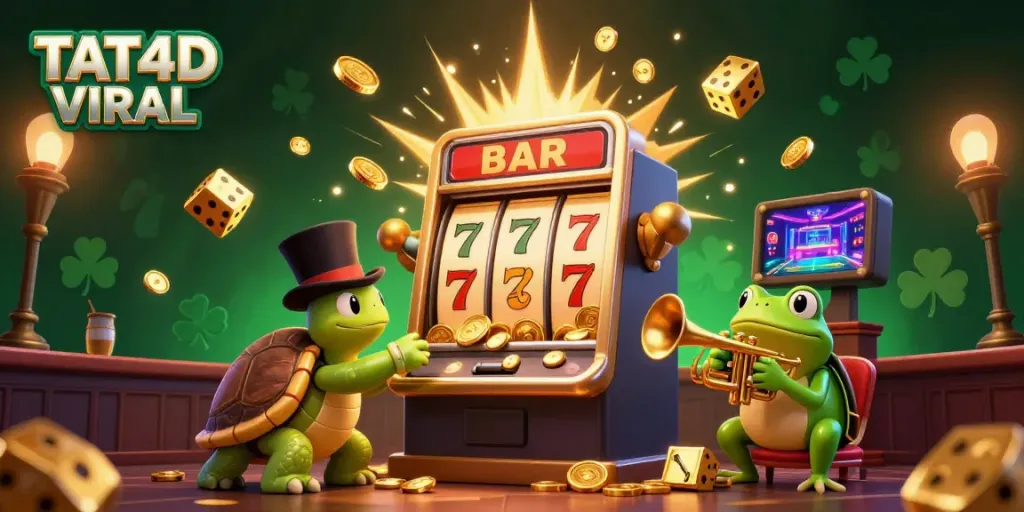 Engage with TAT4D VIRAL's vibrant slot machine scene featuring dynamic characters and casino elements.