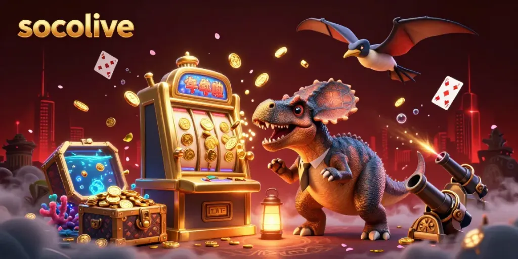 Socolive rocks the casino scene as a pachycephalosaurus triggers a jackpot, coins raining down!