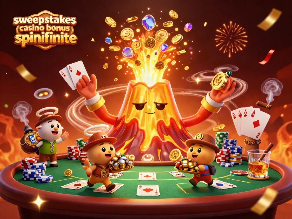 Sweepstakes casino bonus spinfinite showcases a golden volcano erupting coins and gems with excited animals in a vibrant casino atmosphere.