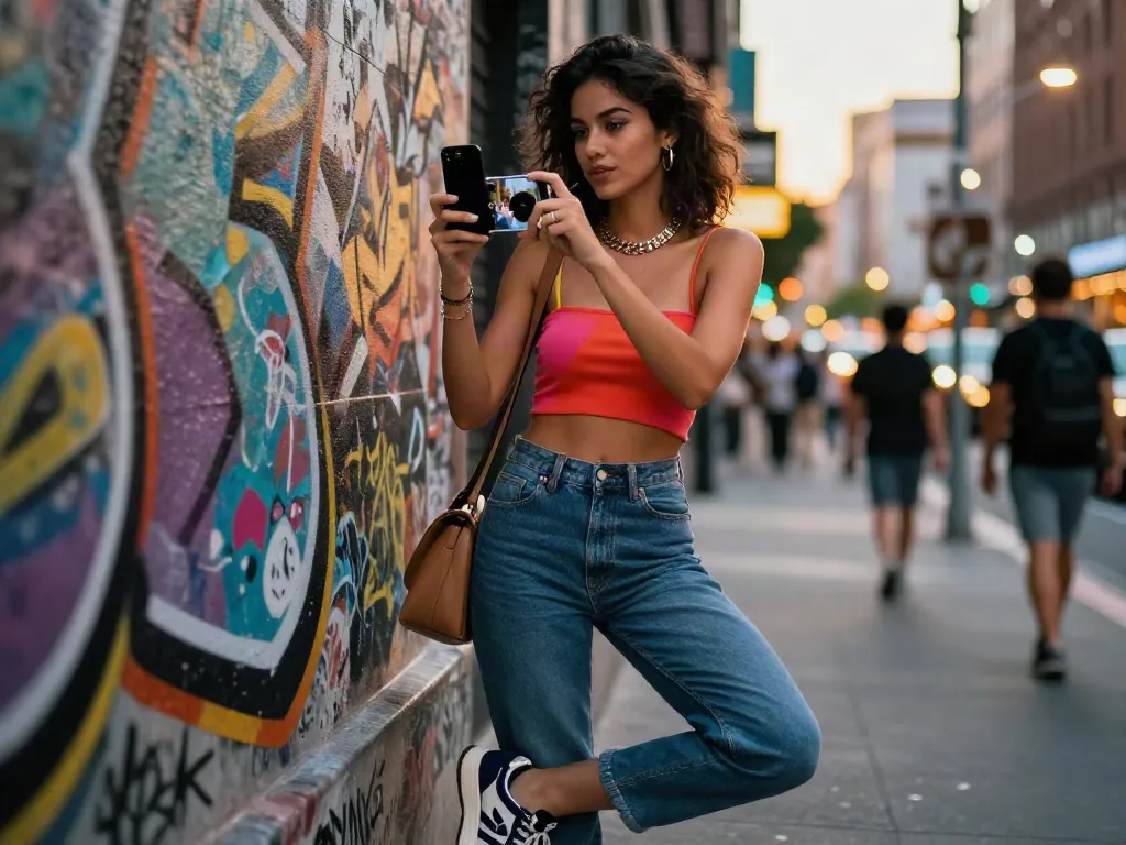 Fashion-forward young woman showcasing Roma Army nudes style against urban background.