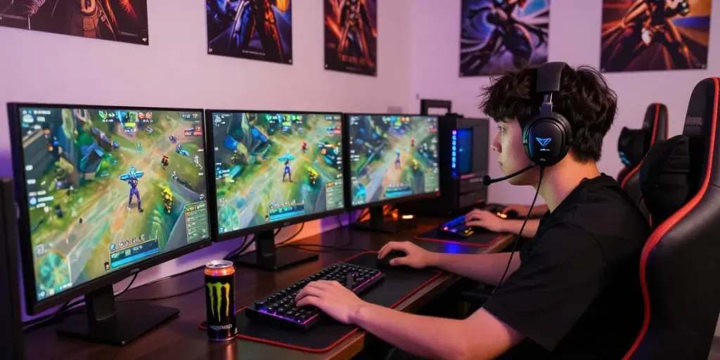 Gamer engaged in intense gameplay representing the qqmacan gaming experience with vibrant setup.