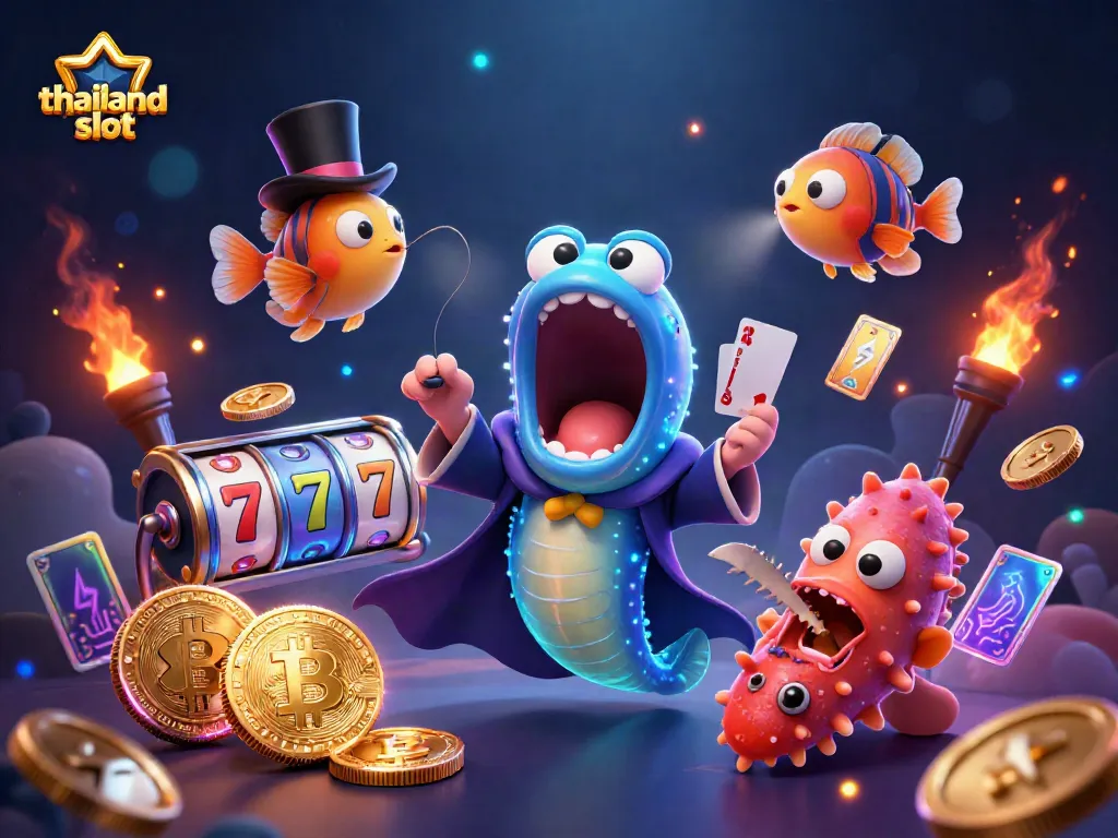 Engage with the vibrant thailand slot scene featuring an eel magician, anglerfish spotlight, and festive slot elements.
