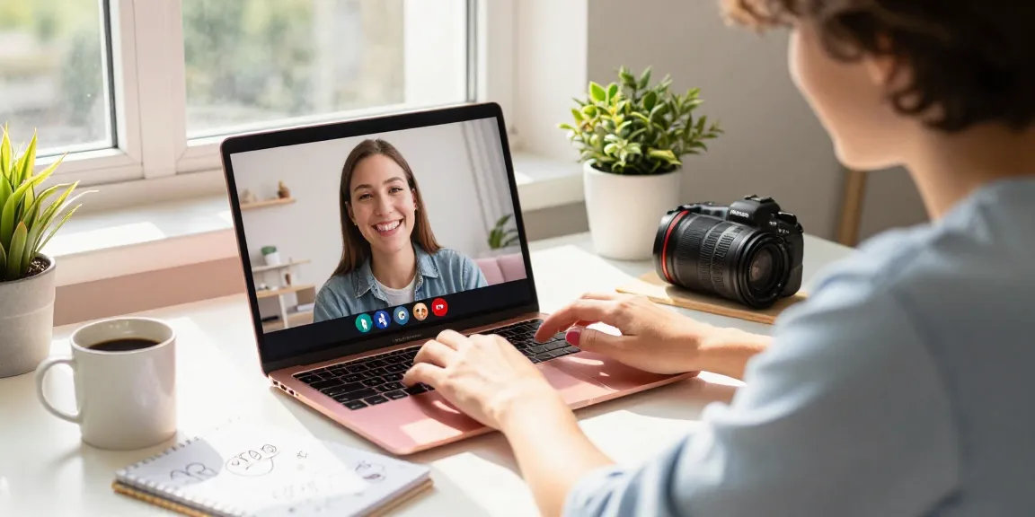 Engaging in pink video chat with a real person in a lively home office setting.