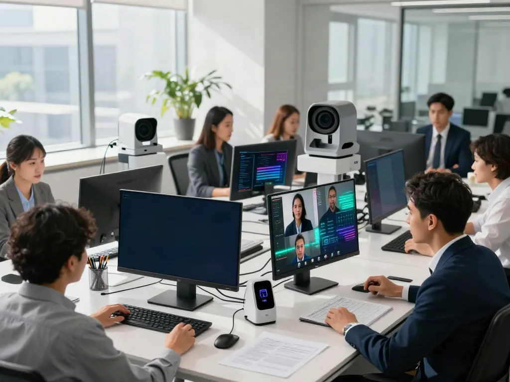 Deepfake-protected meetings in a modern office with a diverse team collaborating via video.