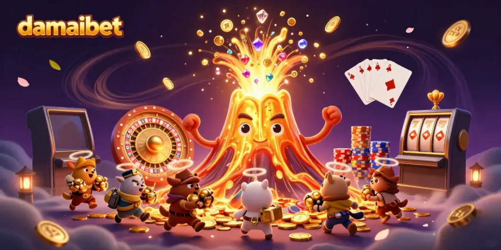 Experience damaibet's thrilling gaming world with a golden volcano erupting coins and gems amidst excitement.