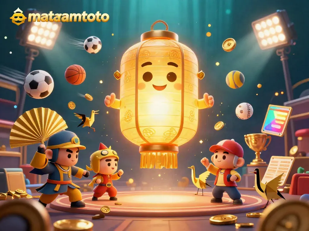 Experience the magic of mataramtoto with a golden lantern spirit and dynamic sports elements in this vibrant casino scene.