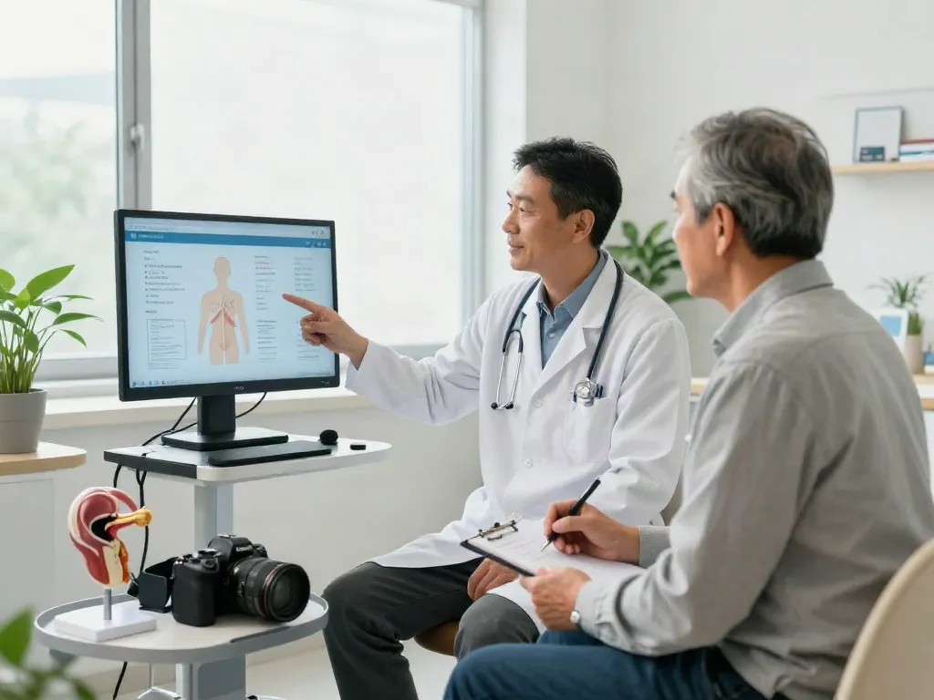 Prostate cancer specialists in Abu Dhabi conducting a consultation in a modern clinic, emphasizing expert care and patient engagement.