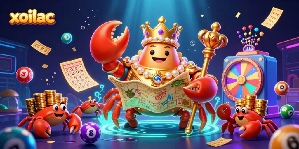 Xoilac showcases an emperor crab overseeing a vibrant casino world of games and luck.