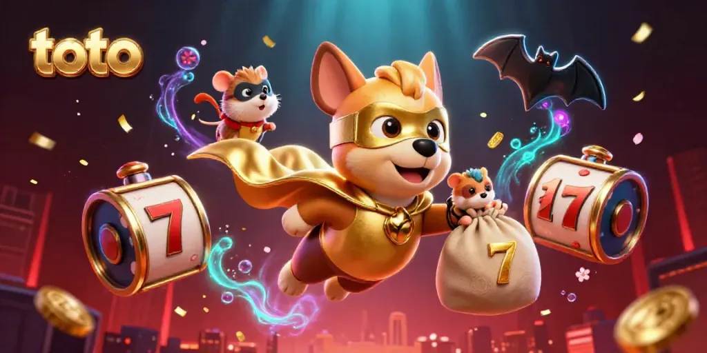 Toto the superhero dog flying and distributing gold coins in a vibrant casino-themed scene.