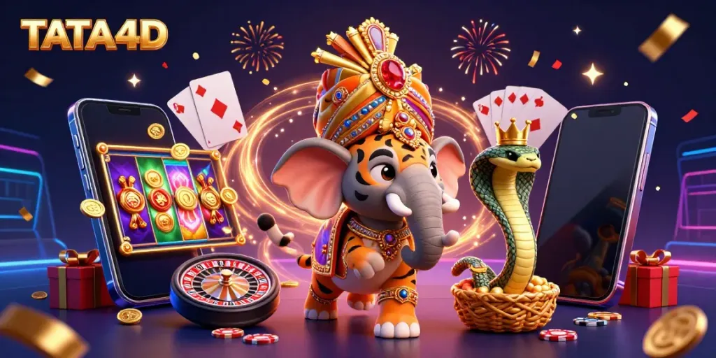 Experience the thrill of TATA4D with vibrant slot games and casino excitement in this colorful 3D scene.