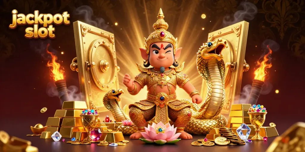 Experience excitement with jackpot slot surrounded by golden treasures and enchanting characters.