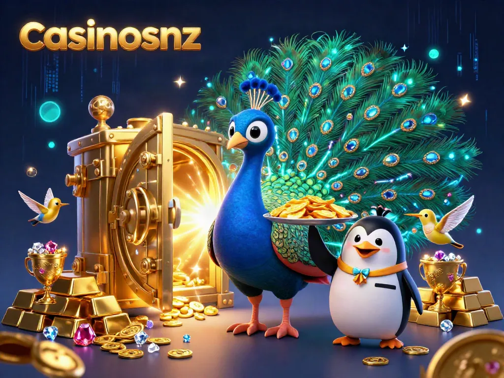 Experience the excitement of casinosnz with a vibrant 3D illustration of peacock, penguin, and hummingbird among treasures.