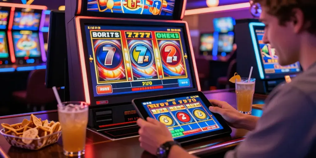 Player enjoying a slot777 online game with colorful reels and lively casino atmosphere.