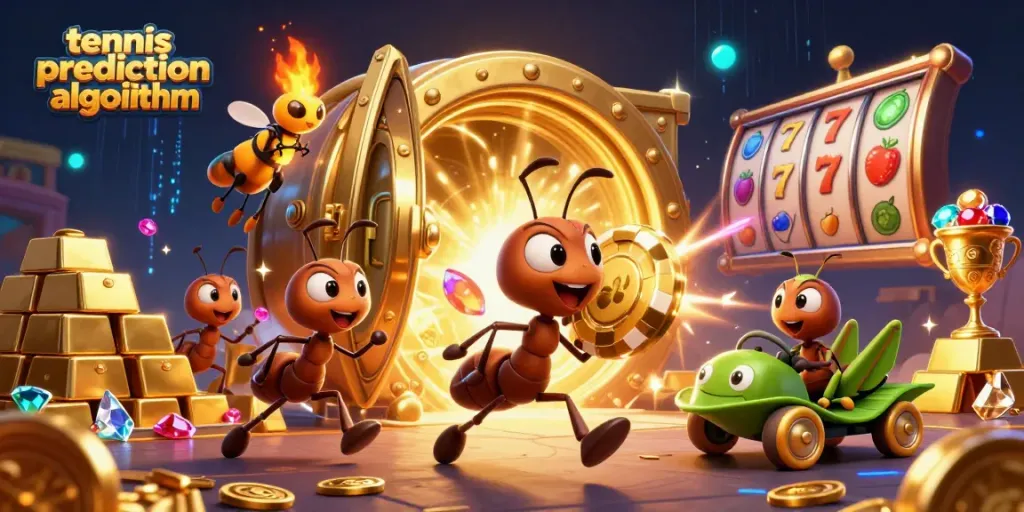 Team of cartoon ants in a casino heist scene with golden poker chip, illustrating tennis prediction algorithm strategy.