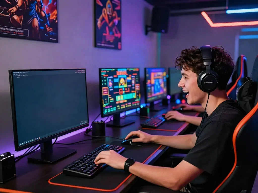 Engaging scene of a player enjoying situs hargatoto with a high-resolution monitor and vibrant gaming setup