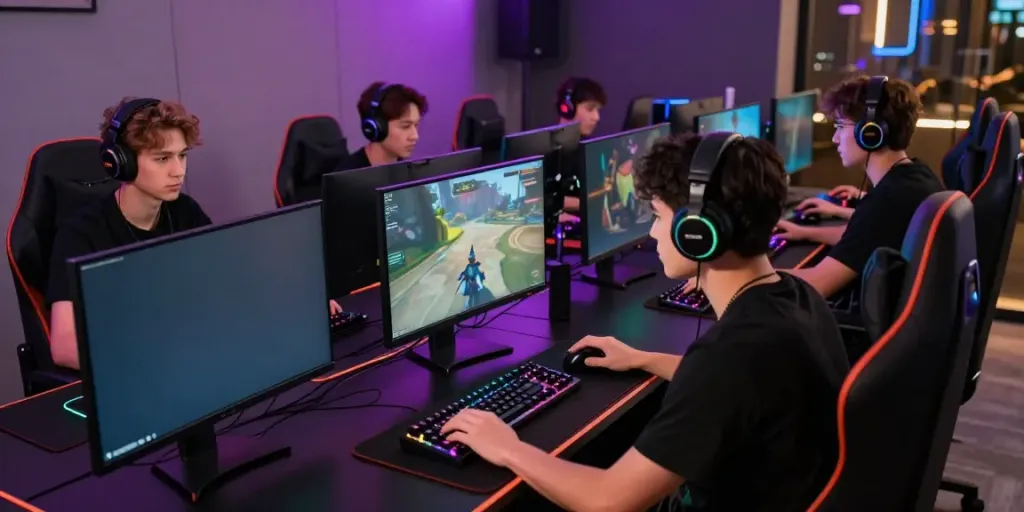 Engaged gamers exploring luxury333 platform with vibrant gaming setups.