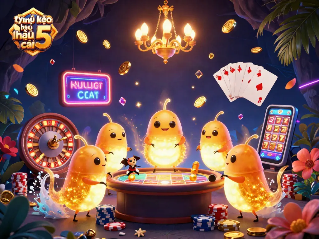 Betting at tỷ lệ kèo nhà cái 5 in a vibrant casino scene with glowing characters and game elements