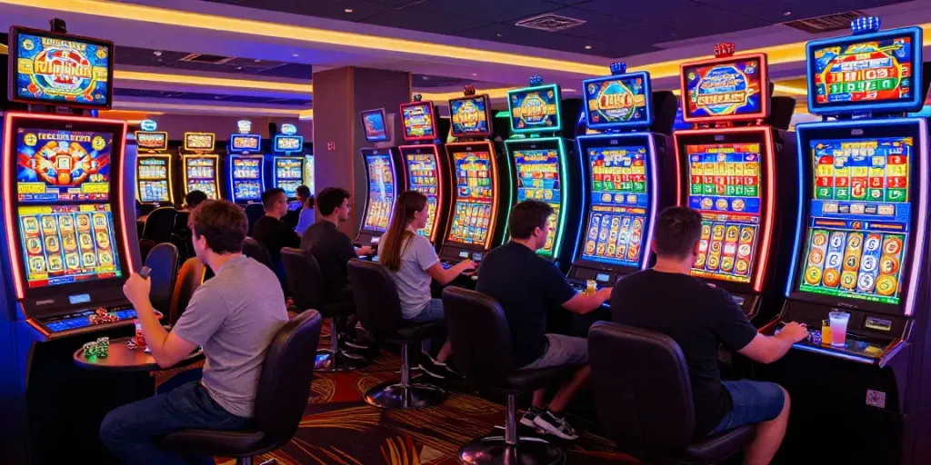 Exciting สล็อต gaming scene in a lively casino atmosphere.