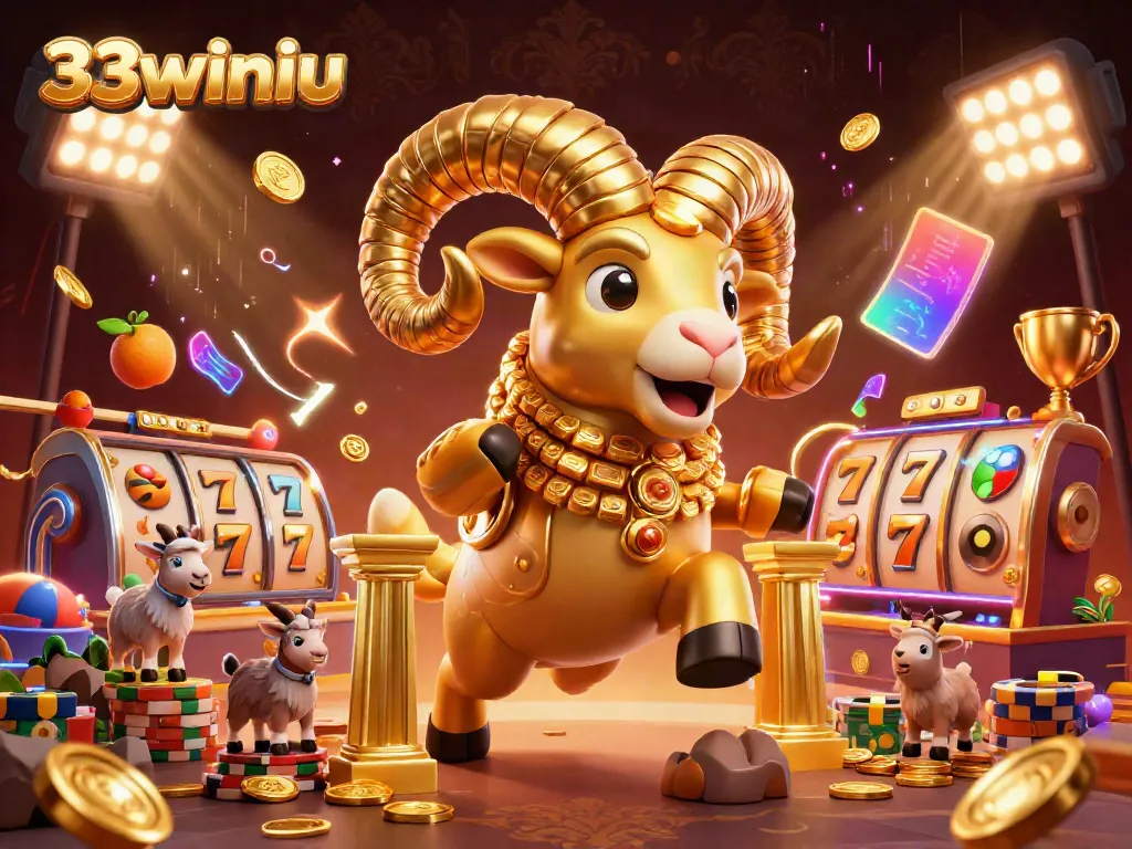 33winiu features vibrant slot elements with a massive golden ram charging through a golden gate, symbolizing luck.
