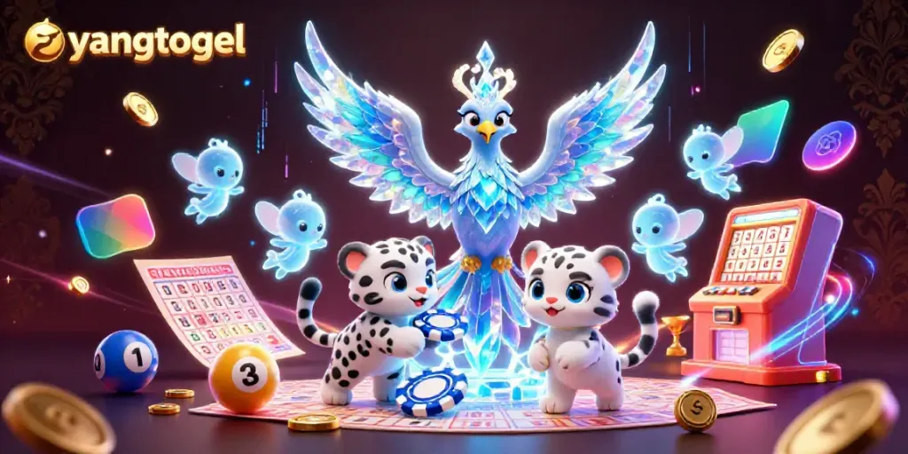 Launch your play with eyangtogel's lively 3D lottery scene featuring an ice phoenix and vibrant lottery elements.