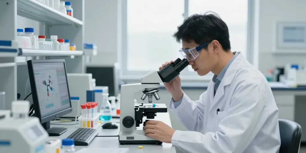 Researcher analyzing 5-amino-1mq capsules in a modern laboratory.