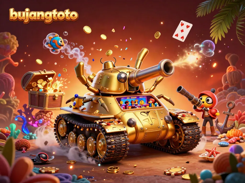 Engage with bujangtoto's vibrant 3D casino scene featuring golden beetle tank and treasure