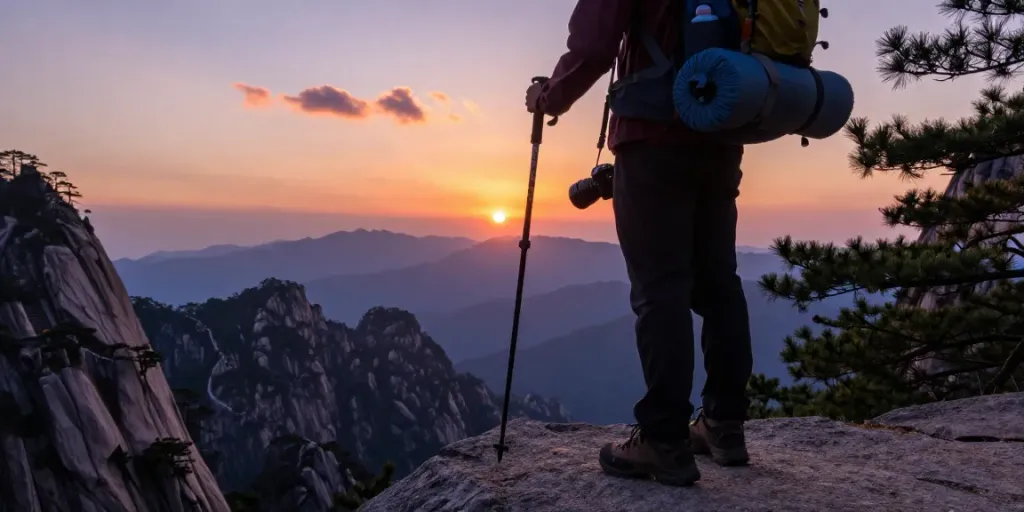 Manaslu Circuit Trek traveler enjoying sunset at mountain viewpoint