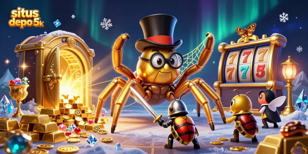 Experience excitement at situs depo 5k with a golden tarantula and beetle knight in this vibrant casino scene.