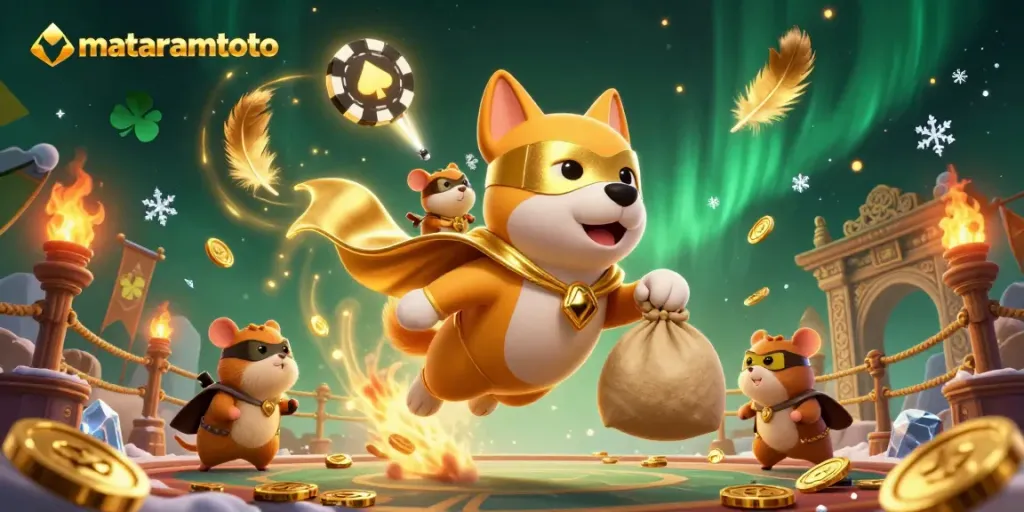Experience excitement with Mataramtoto's colorful 3D digital illustration featuring a superhero dog and hamster in an engaging casino scene.