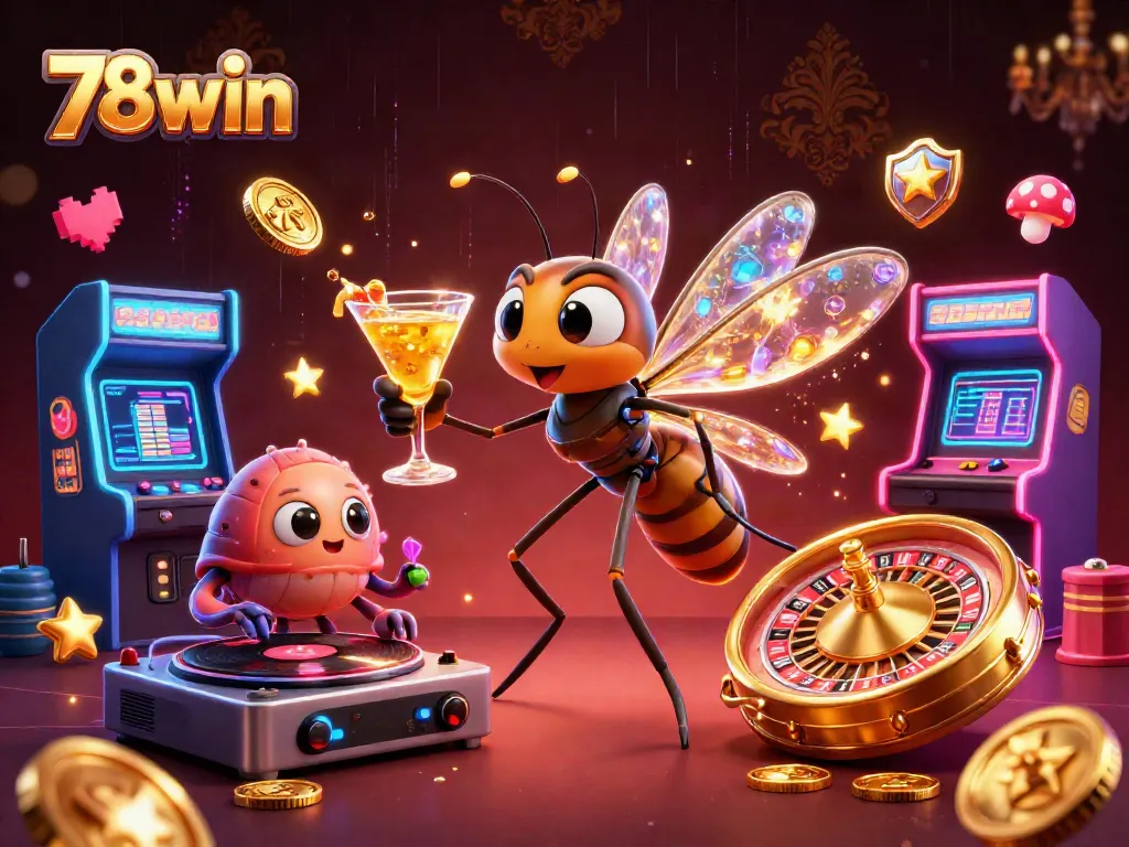 Engage in thrilling gameplay at 78win with a vibrant casino scene featuring unique characters and a roulette wheel.