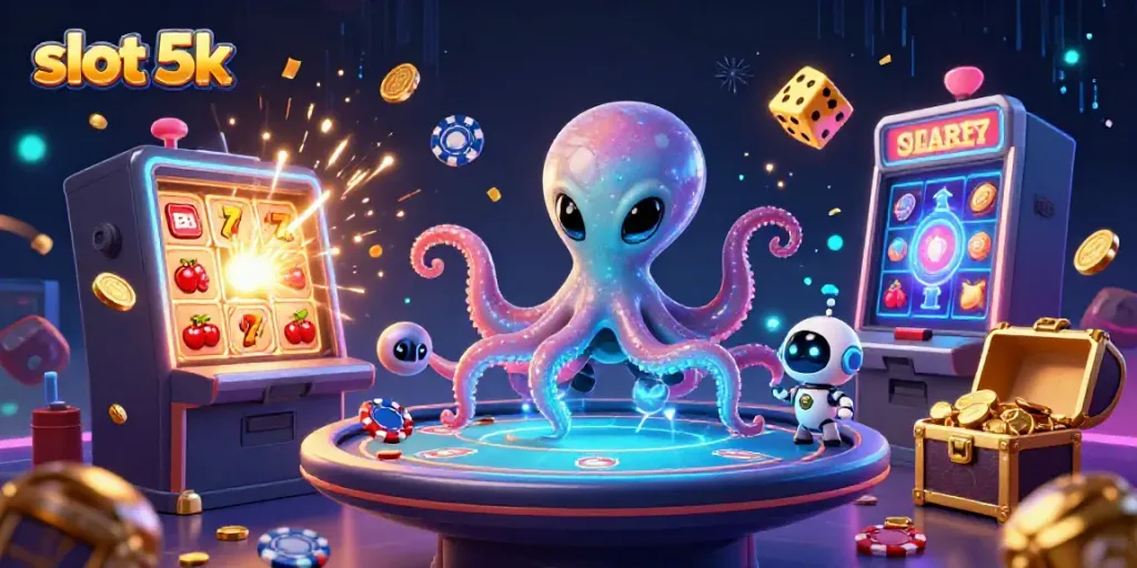 Slot 5k, alien octopus mengoperasikan meja poker holografik yang dikelilingi simbol judi bertema kasino.
