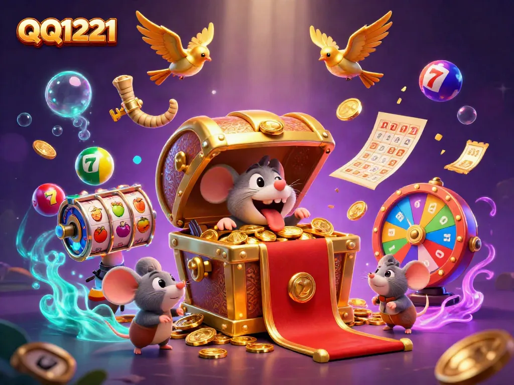 Engage with QQ1221’s vibrant slot adventure featuring treasure chests, colorful lottery balls, and prizes.