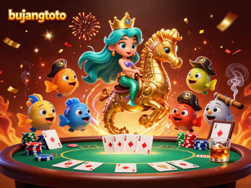 Engage with bujangtoto-themed casino scene featuring a mermaid princess and vibrant poker elements.
